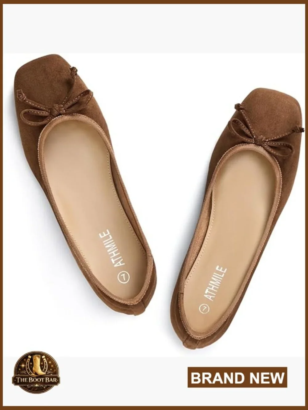 Square Toe Ballet Flats with Bow, Slip On, Cushioned Insole, Size 6-11